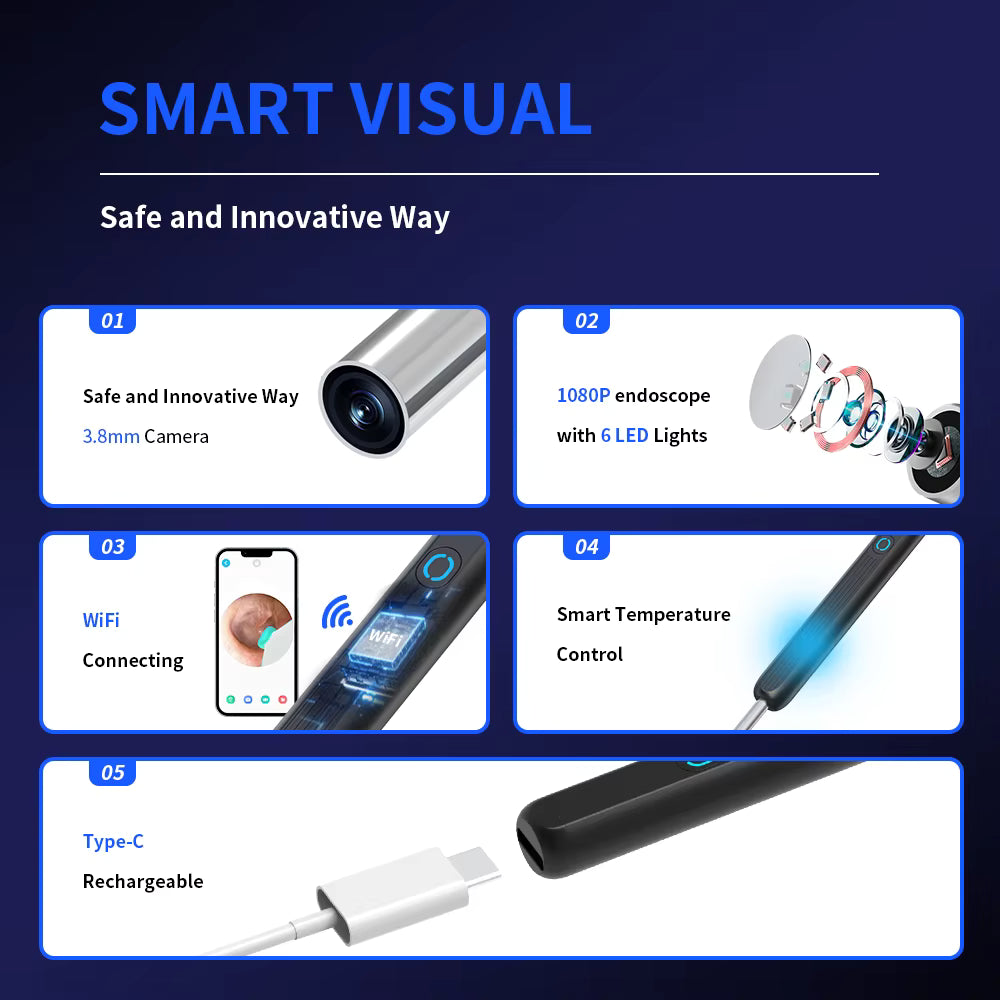 Smart Visual Ear Cleaner with HD Camera – Wireless Ear Wax Removal Otoscope with 6 LED Lights, USB-C Charging, iPhone & Android Compatible