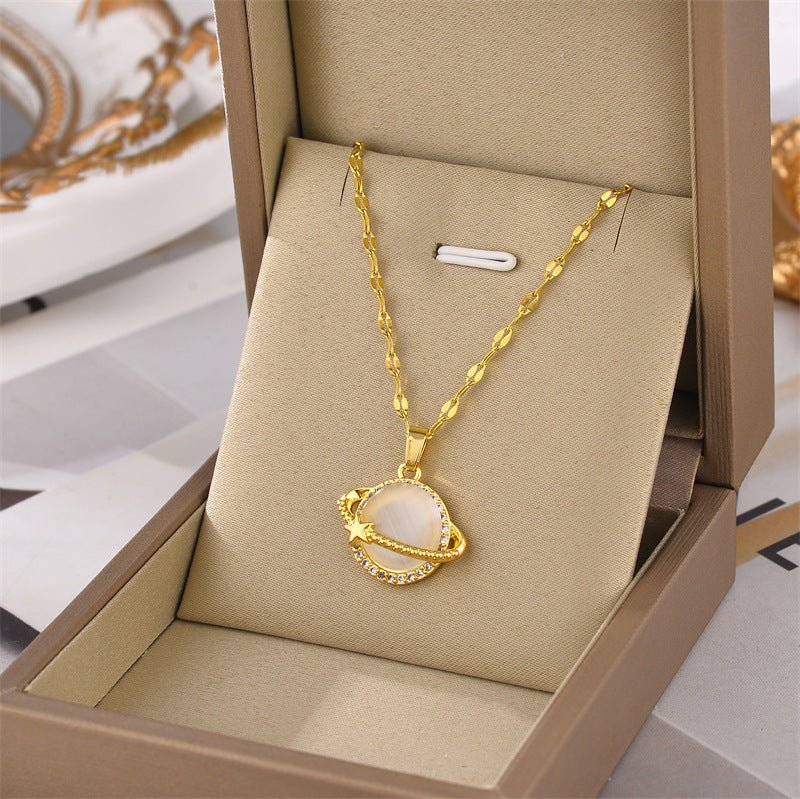 Non-Fading French Style Design Planet Opal Pendant Titanium Steel Necklace.