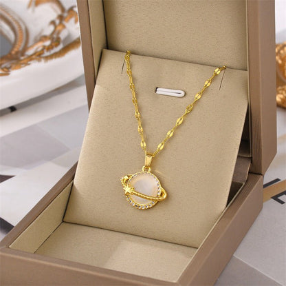 Non-Fading French Style Design Planet Opal Pendant Titanium Steel Necklace.