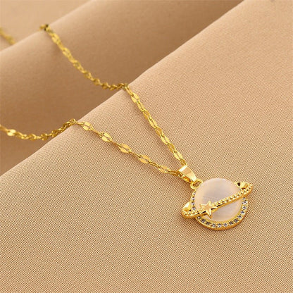 Non-Fading French Style Design Planet Opal Pendant Titanium Steel Necklace.