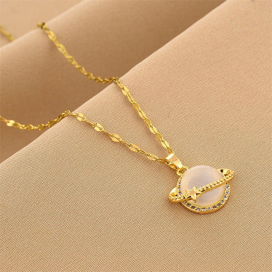 Non-Fading French Style Design Planet Opal Pendant Titanium Steel Necklace.
