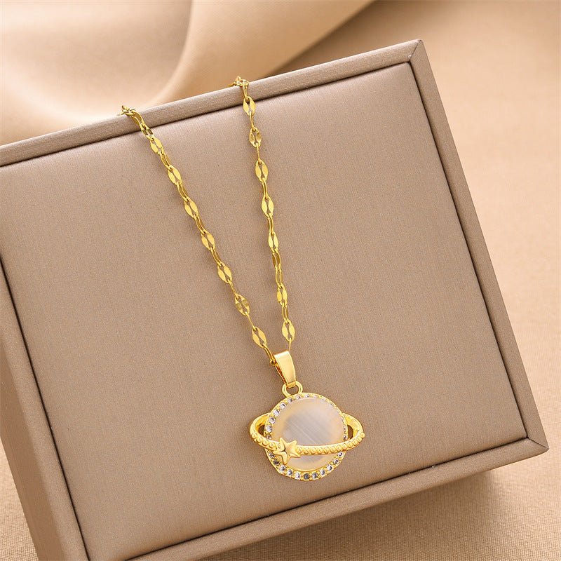 Non-Fading French Style Design Planet Opal Pendant Titanium Steel Necklace.