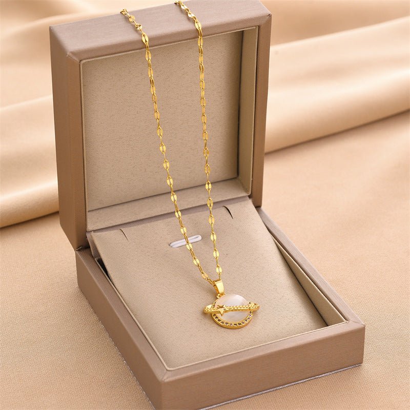 Non-Fading French Style Design Planet Opal Pendant Titanium Steel Necklace.